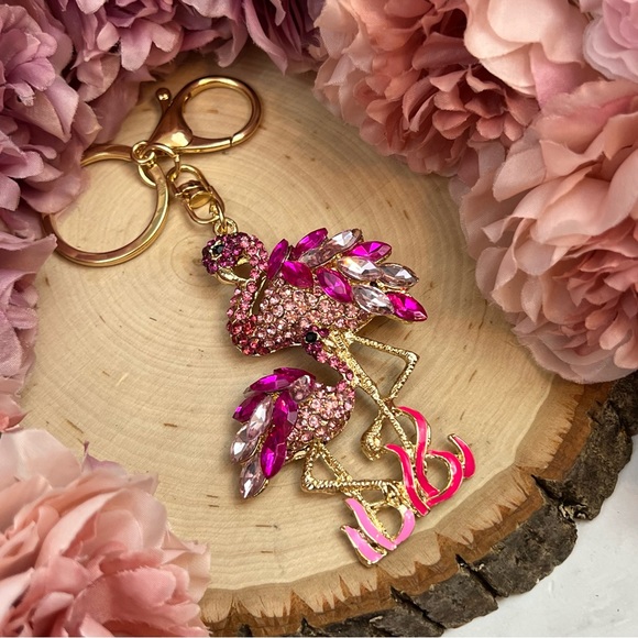 Whimsical Mother Baby Pink Crystal Flamingo Keychain Charm - Picture 12 of 16